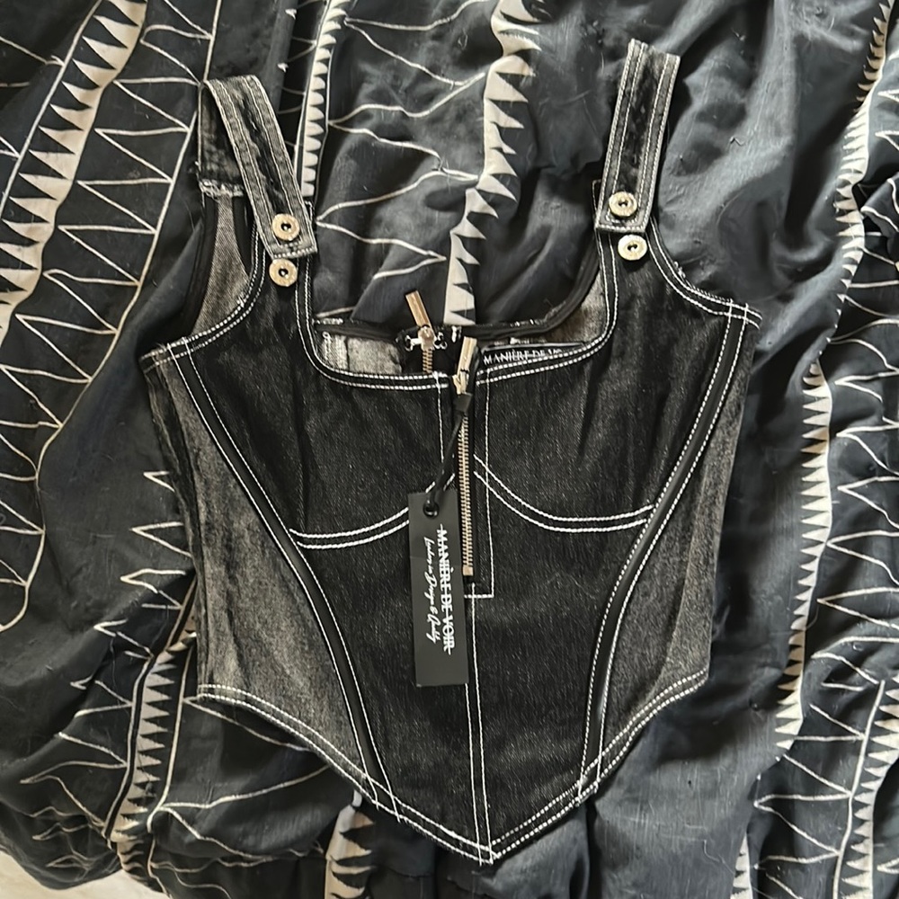 Maniere De Voir Black and White Denim Crop Top